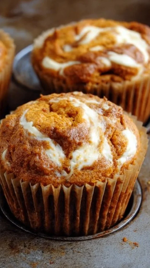 Delicious Pumpkin Cream Cheese Swirl Muffins with a golden-brown top