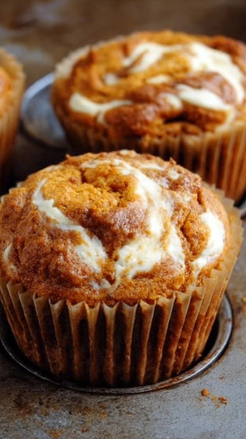 Delicious Pumpkin Cream Cheese Swirl Muffins with a golden-brown top