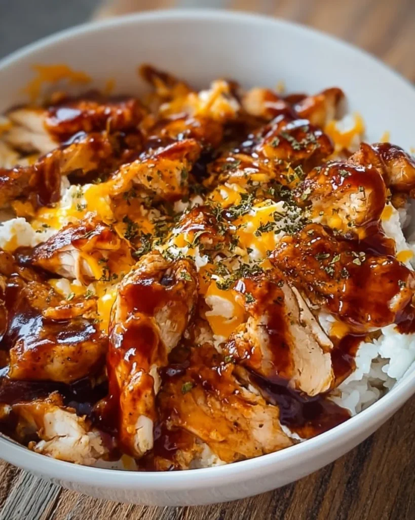 Quick Cottage Cheese BBQ Chicken Bowl topped with grilled chicken and BBQ sauce