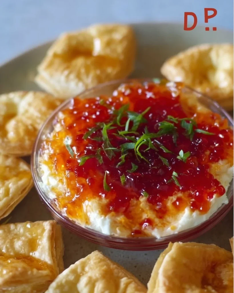 Quick pepper jelly cream cheese dip served with crackers for appetizers