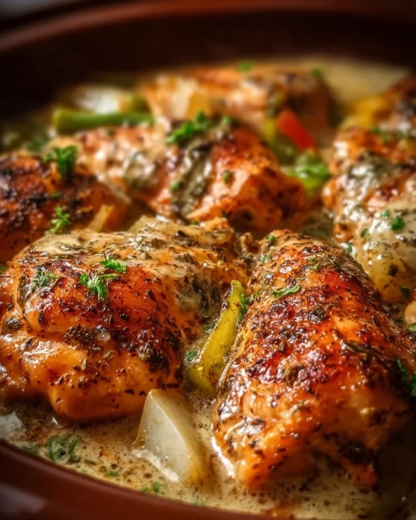 Delicious Ranch Chicken cooked in a crock pot, served with fresh herbs.