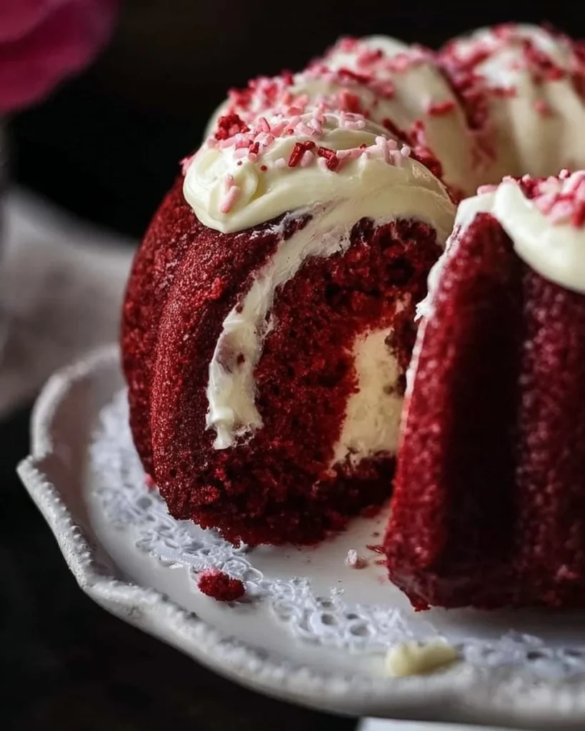 Red Velvet Cream Cheese Bundt Cake topped with cream cheese frosting