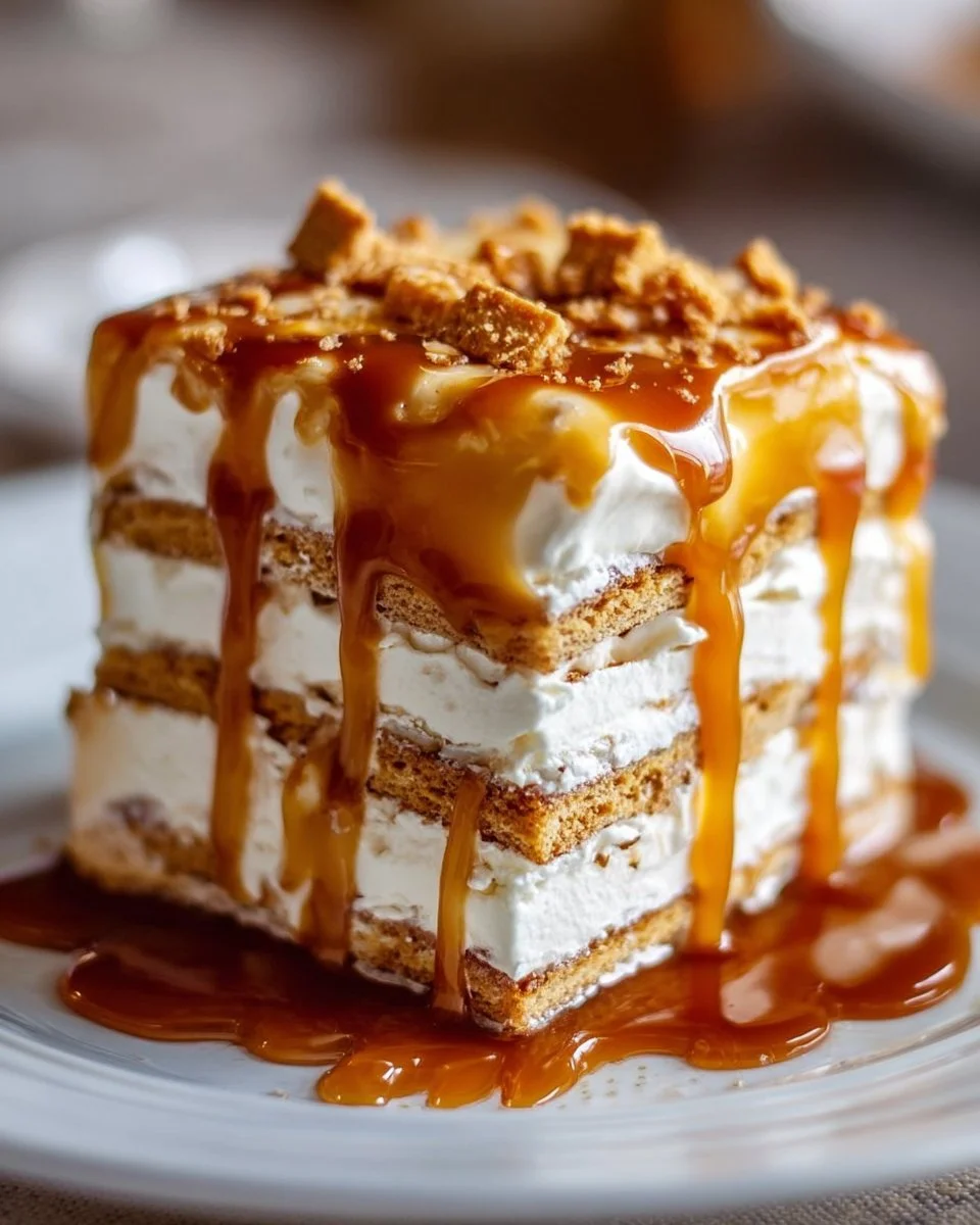 Ritz Cracker Salted Caramel Icebox Cake made with layers of caramel and cream