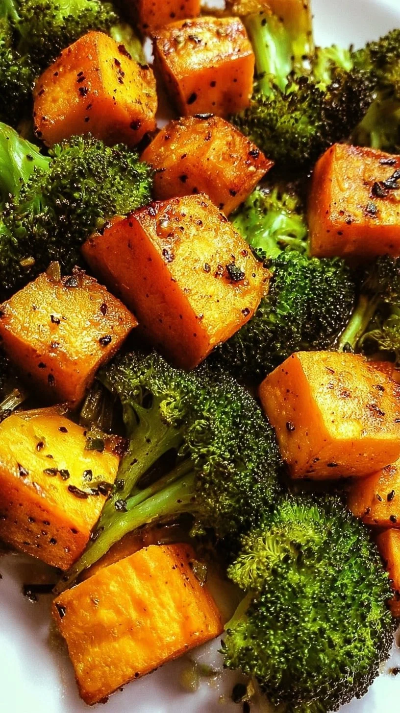 Delicious roasted broccoli and sweet potatoes served on a plate