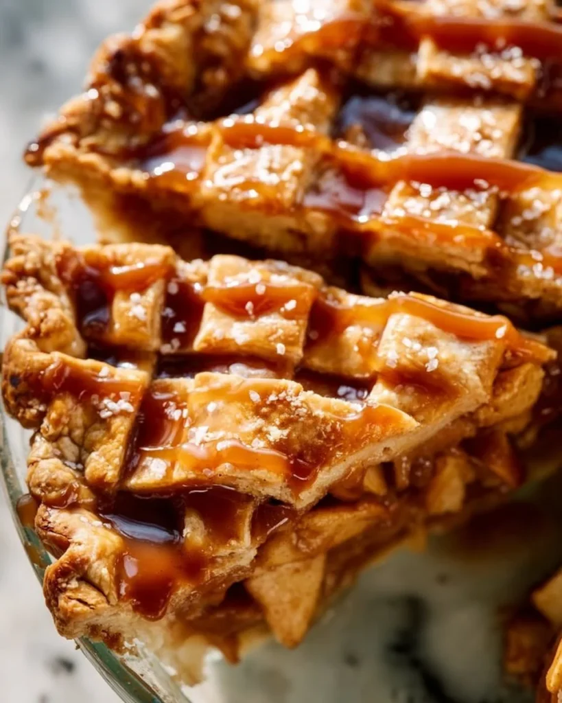 Salted Caramel Apple Pie with a golden crust and drizzled caramel sauce