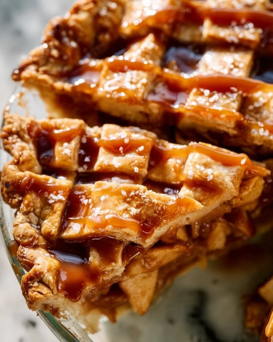 Salted Caramel Apple Pie with a golden crust and drizzled caramel sauce