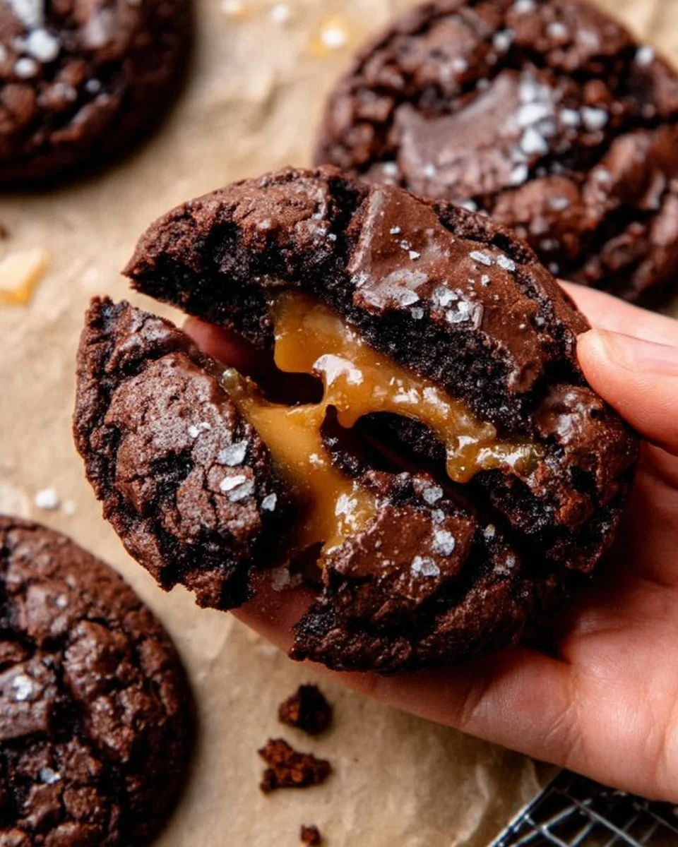 Delicious salted caramel dark chocolate cookies topped with sea salt