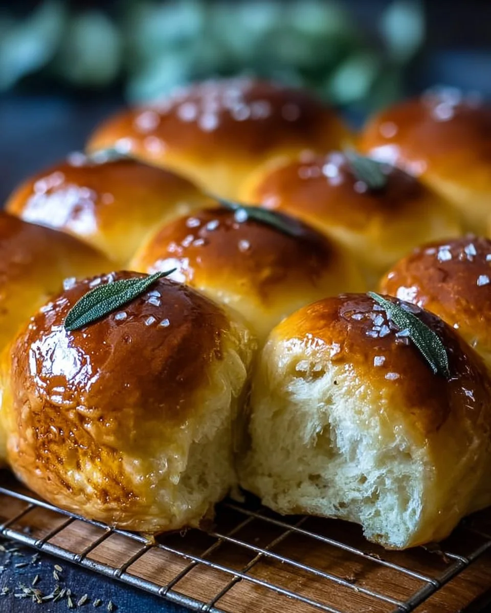 Freshly baked salted sage honey butter brioche rolls on a wooden table