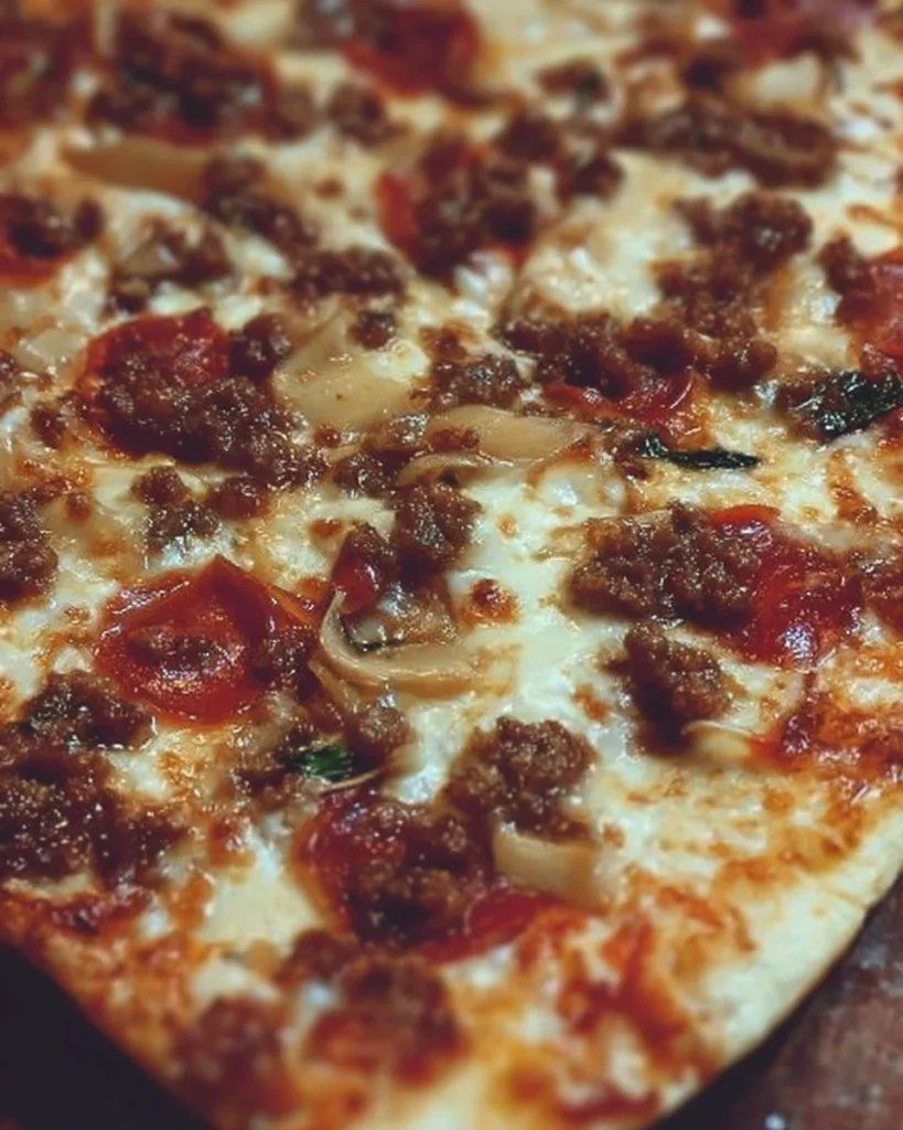 Delicious school pizza served in a cafeteria setting with students enjoying lunch.
