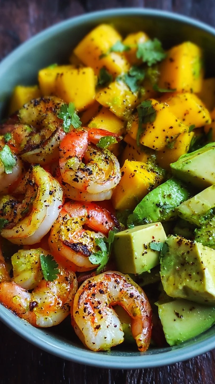 Colorful shrimp avocado mango bowl with fresh ingredients