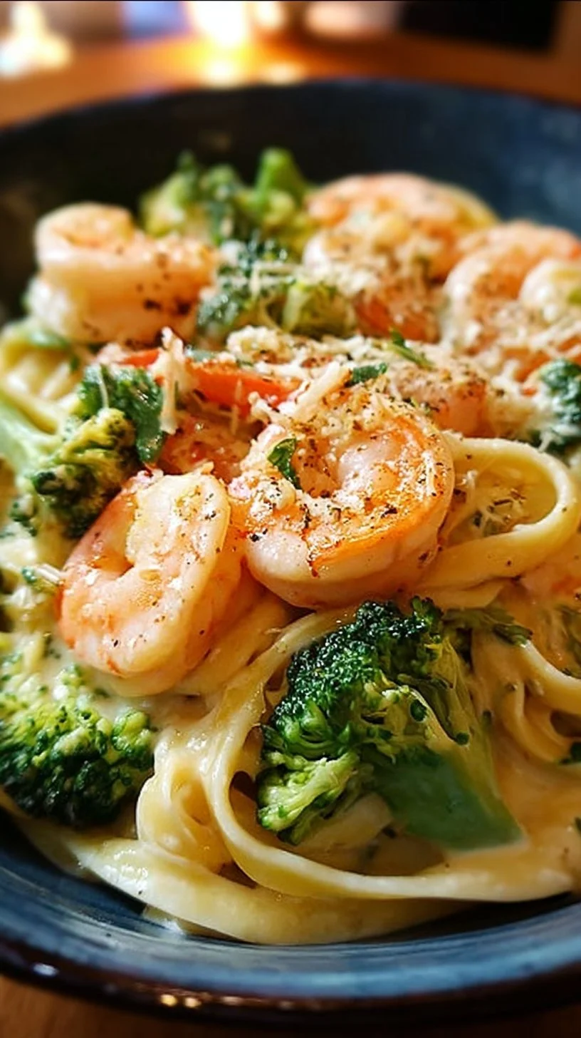 Delicious plate of Shrimp Broccoli Alfredo with shrimp and broccoli in creamy sauce