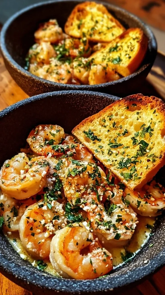 Delicious shrimp scampi bowl with garlic bread on a wooden table