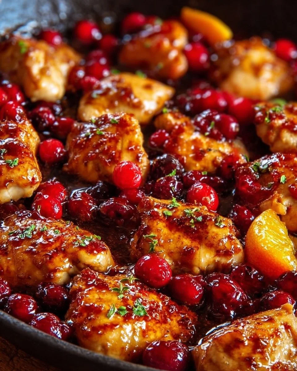 Skillet Cranberry Orange Chicken garnished with fresh herbs and orange slices.