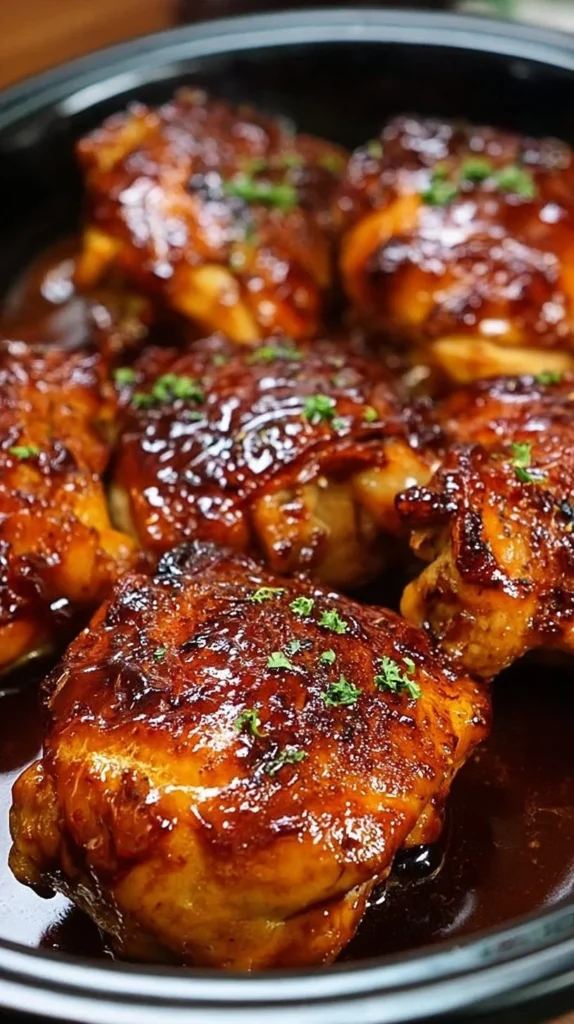 Slow Cooker BBQ Chicken Thighs with rich barbecue sauce and herbs