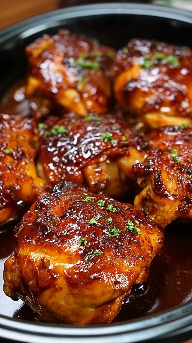 Slow Cooker BBQ Chicken Thighs with rich barbecue sauce and herbs
