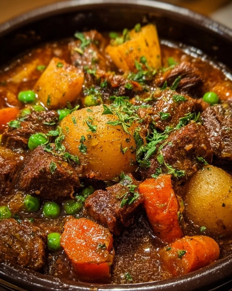 Delicious slow cooker beef stew with tender meat and fresh vegetables.