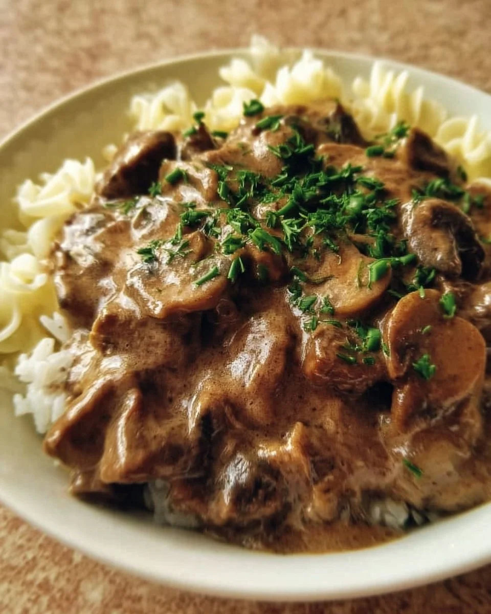 Delicious slow cooker beef stroganoff served with pasta