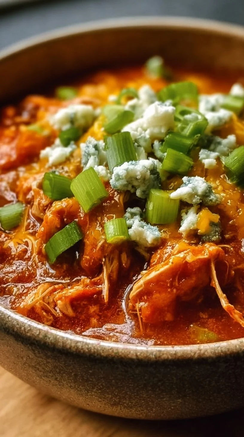 Bowl of slow cooker buffalo chicken chili topped with green onions and cheese