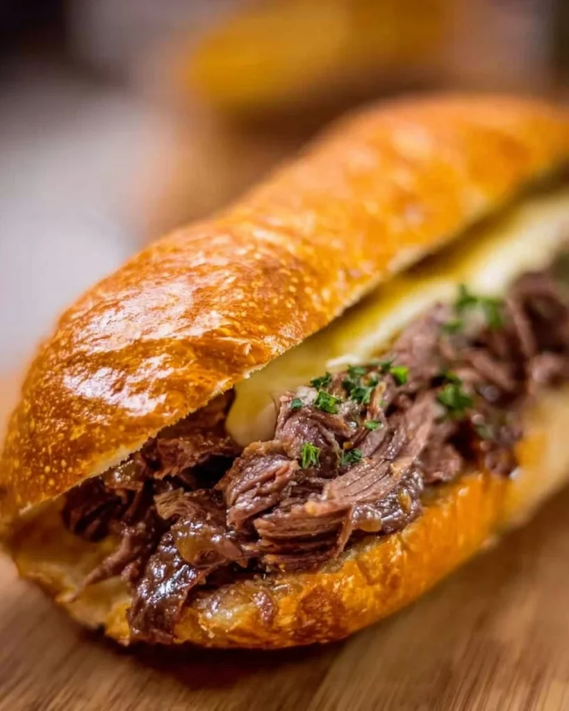 Delicious Slow Cooker Italian Beef Sandwich served on a bun with peppers