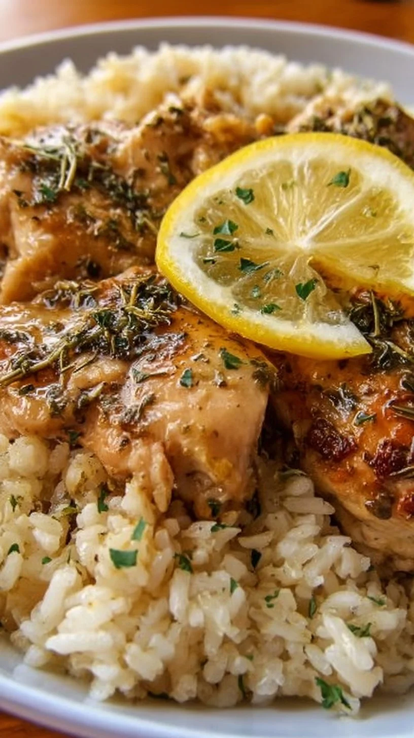 Delicious slow cooker lemon herb chicken served with rice