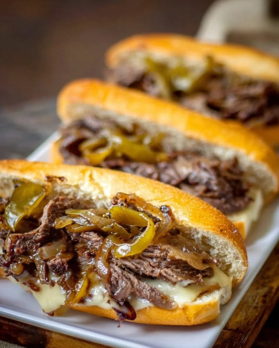 Slow Cooker Philly Cheese Steak Sandwich served with cheese and peppers.