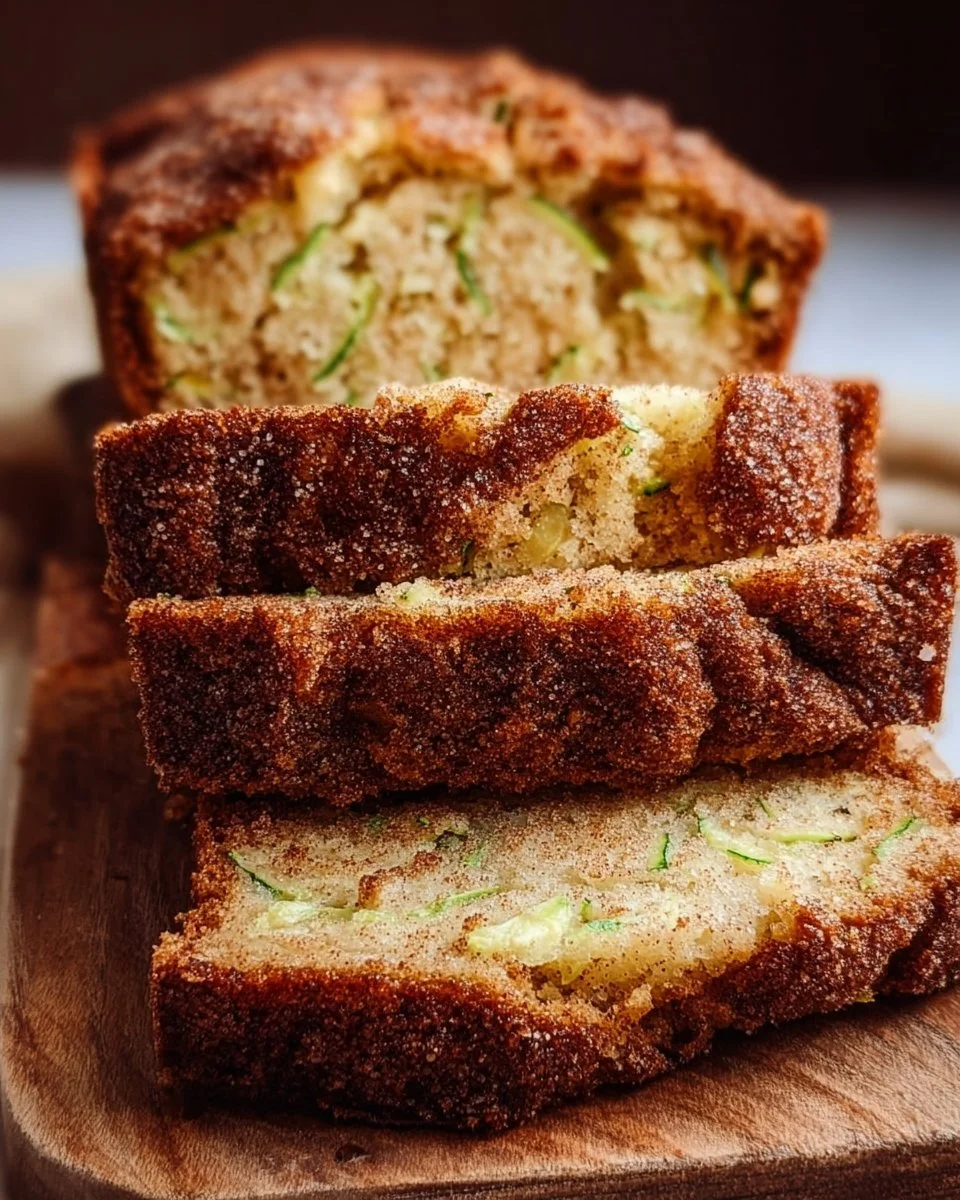 Freshly baked snickerdoodle zucchini bread on a wooden cutting board.