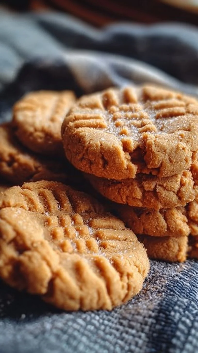 Freshly baked soft peanut butter cookies stacked on a wooden table
