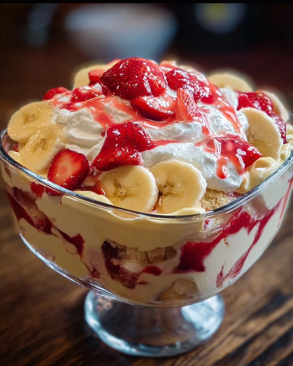 Delicious strawberry banana pudding in a glass topped with fresh strawberries and bananas