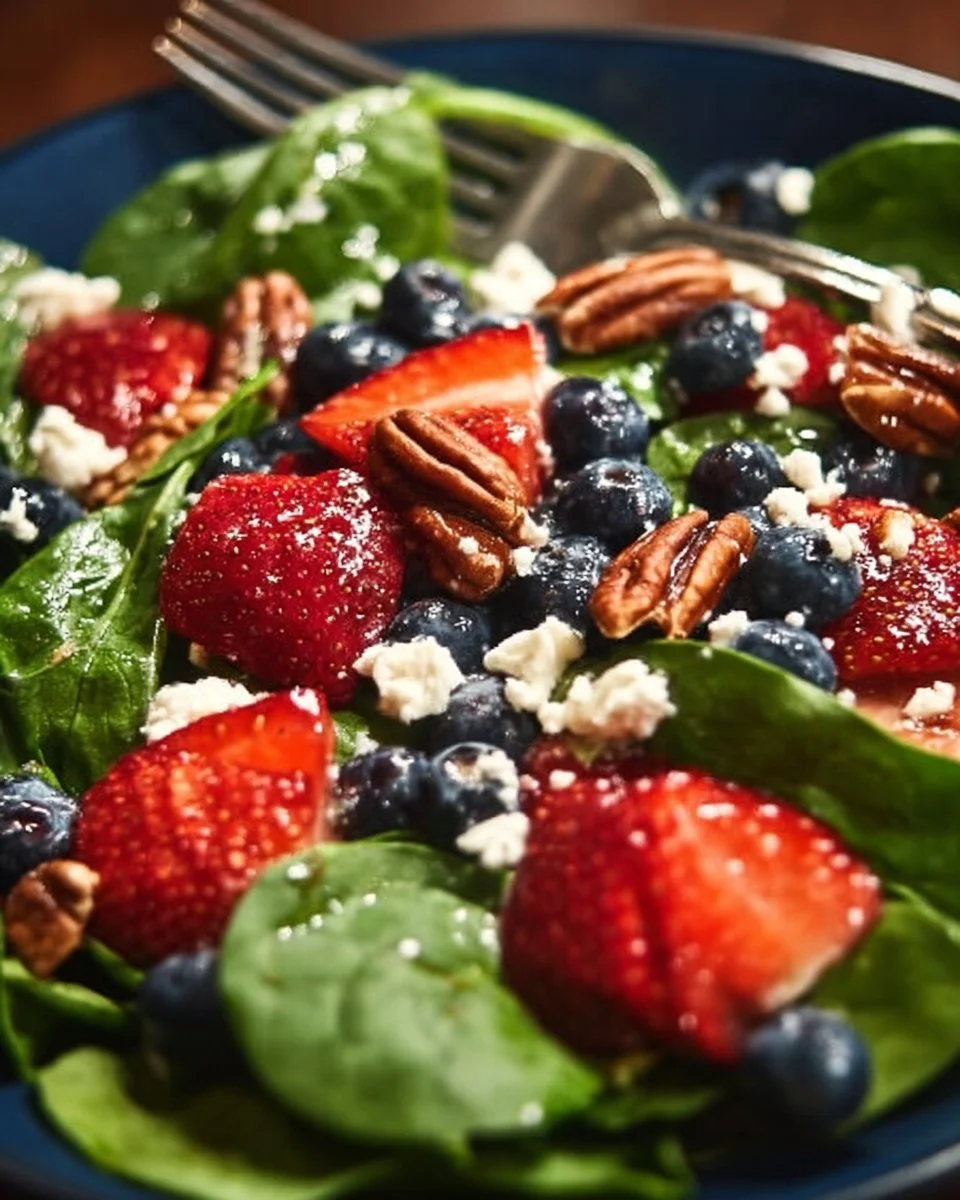 Strawberry and blueberry spinach salad with pecans and feta cheese.