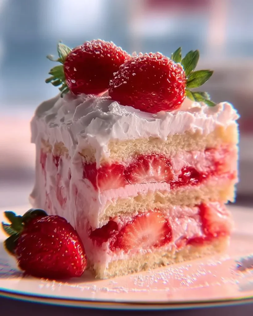 Delicious strawberry box cake topped with fresh strawberries and whipped cream
