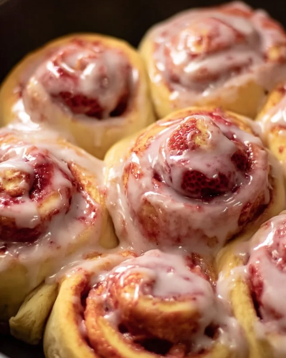 Freshly baked strawberry cinnamon rolls drizzled with icing on a rustic table.