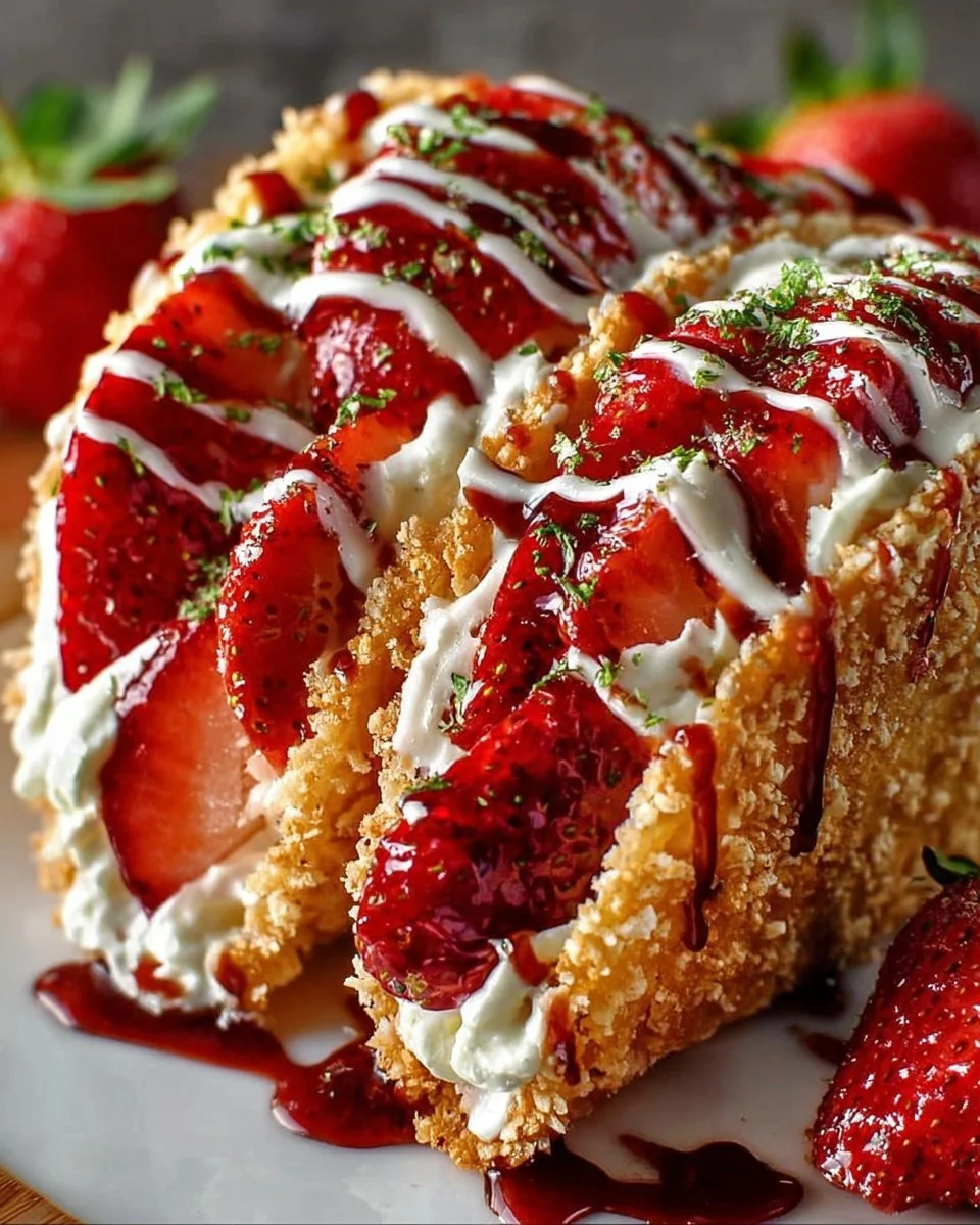 Delicious Strawberry Crunch Cheesecake Tacos topped with strawberry crunch and whipped cream.