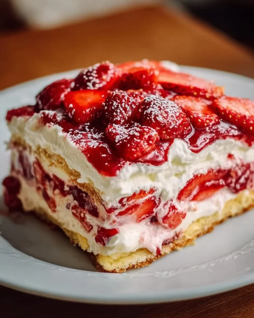 Delicious strawberry lasagna dessert layered with strawberries and cream