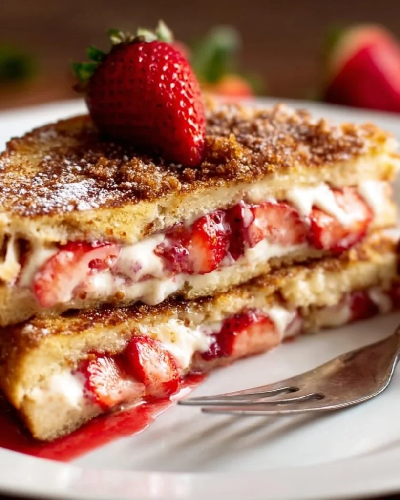 Delicious strawberry stuffed French toast with a cinnamon crunch crust