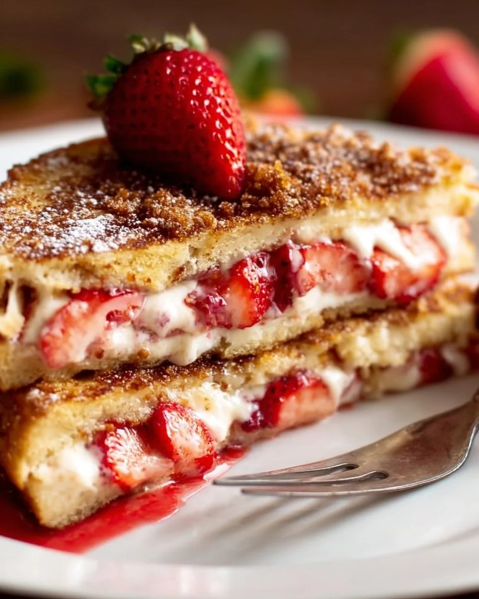 Delicious strawberry stuffed French toast with a cinnamon crunch crust