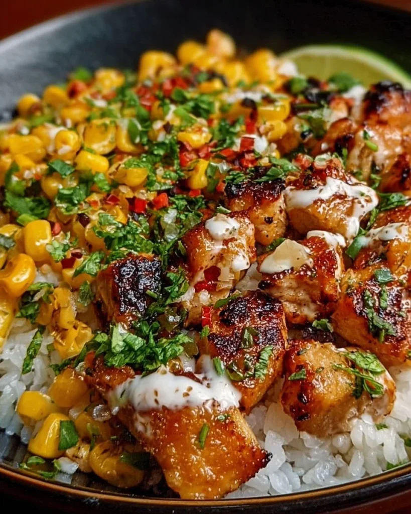 A vibrant Street Corn Chicken Rice Bowl featuring grilled chicken and fresh corn.