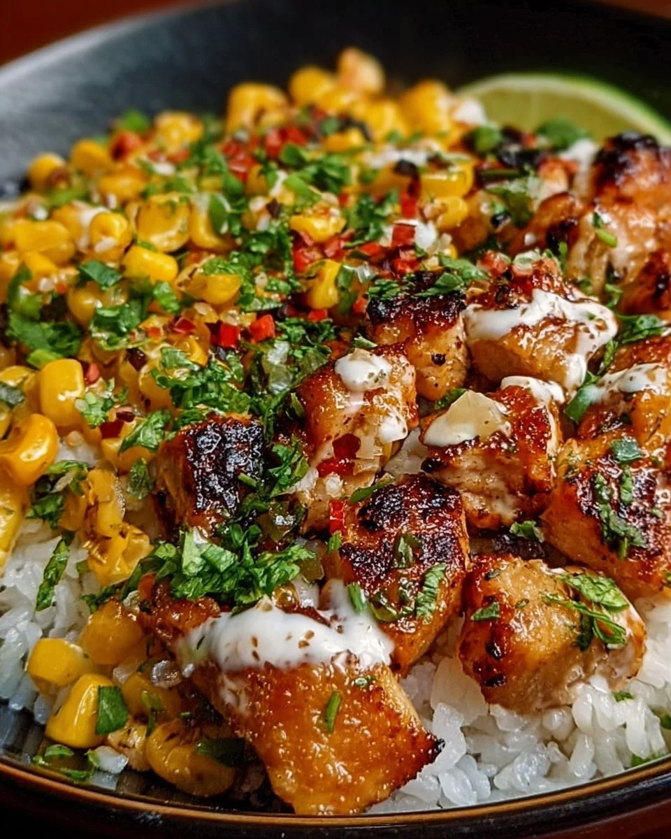 A vibrant Street Corn Chicken Rice Bowl featuring grilled chicken and fresh corn.