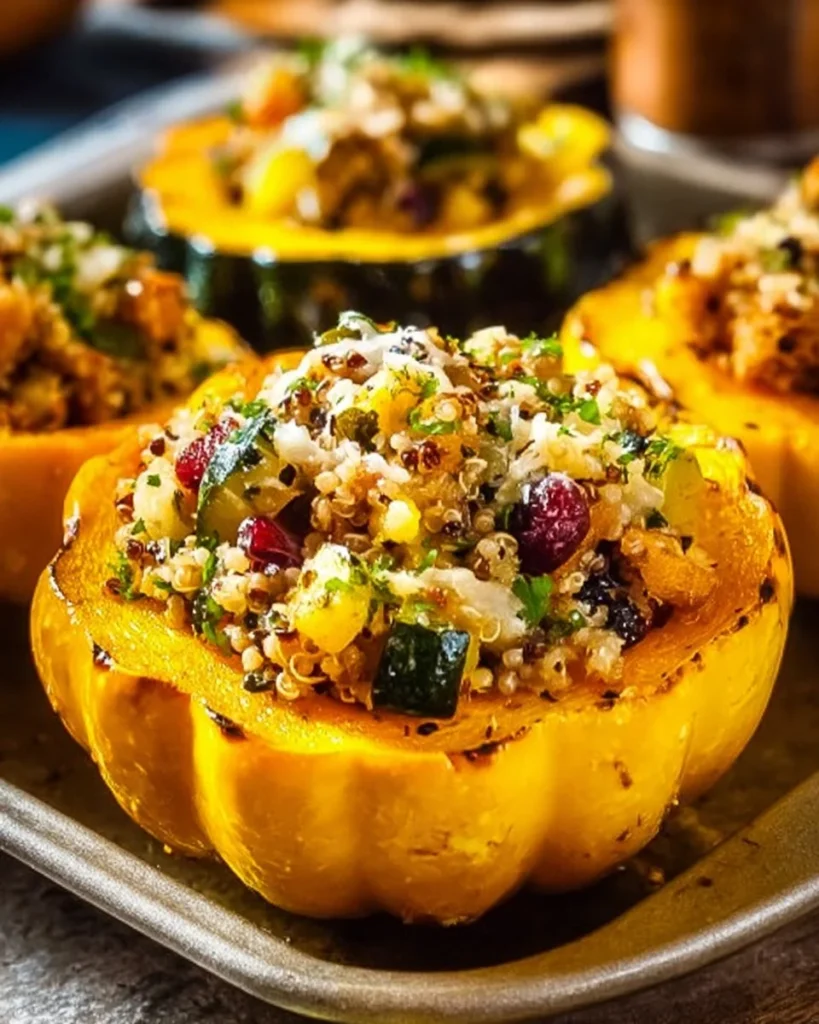 Stuffed acorn squash recipe with ground beef, pears, and Parmesan cheese