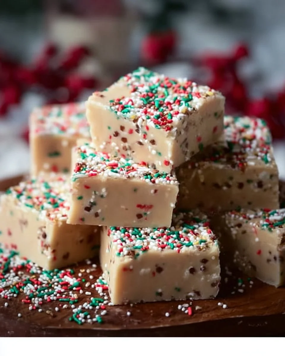 Delicious homemade sugar cookie fudge topped with festive sprinkles.