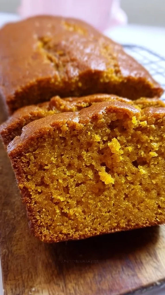 Slice of super moist pumpkin bread on a wooden board