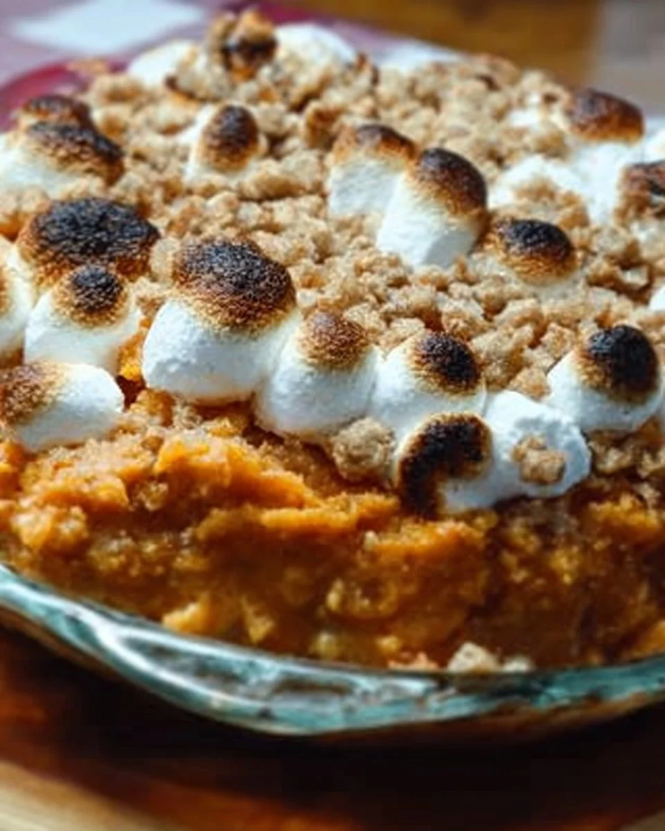 Delicious sweet potato casserole topped with marshmallows and pecans