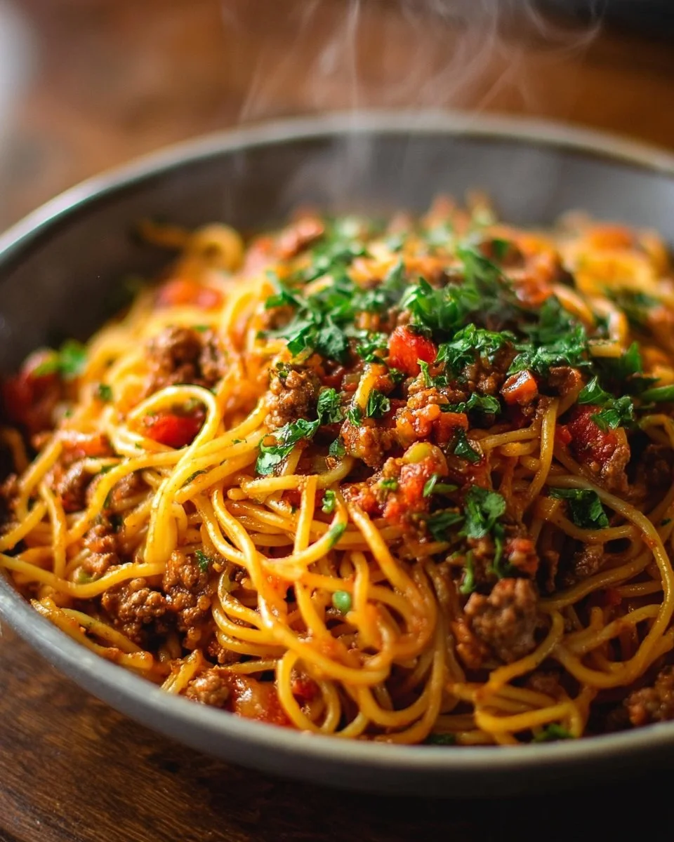 Delicious Taco Spaghetti served with toppings and garnishes.