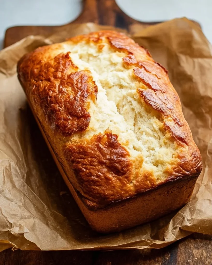 Deliciously baked Greek yogurt bread served on a wooden board.
