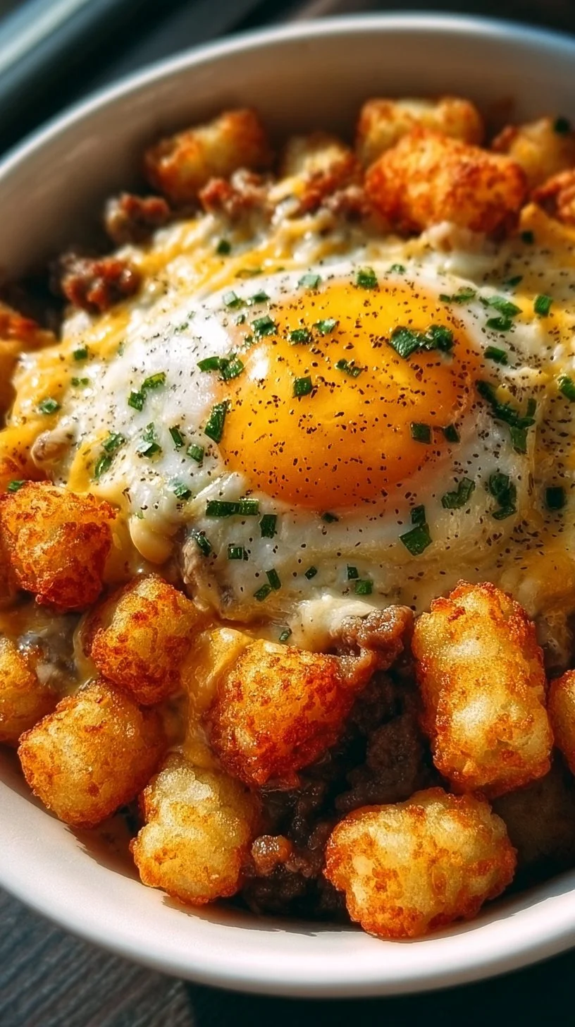 Delicious Tater Tot Breakfast Bowl topped with eggs, cheese, and veggies