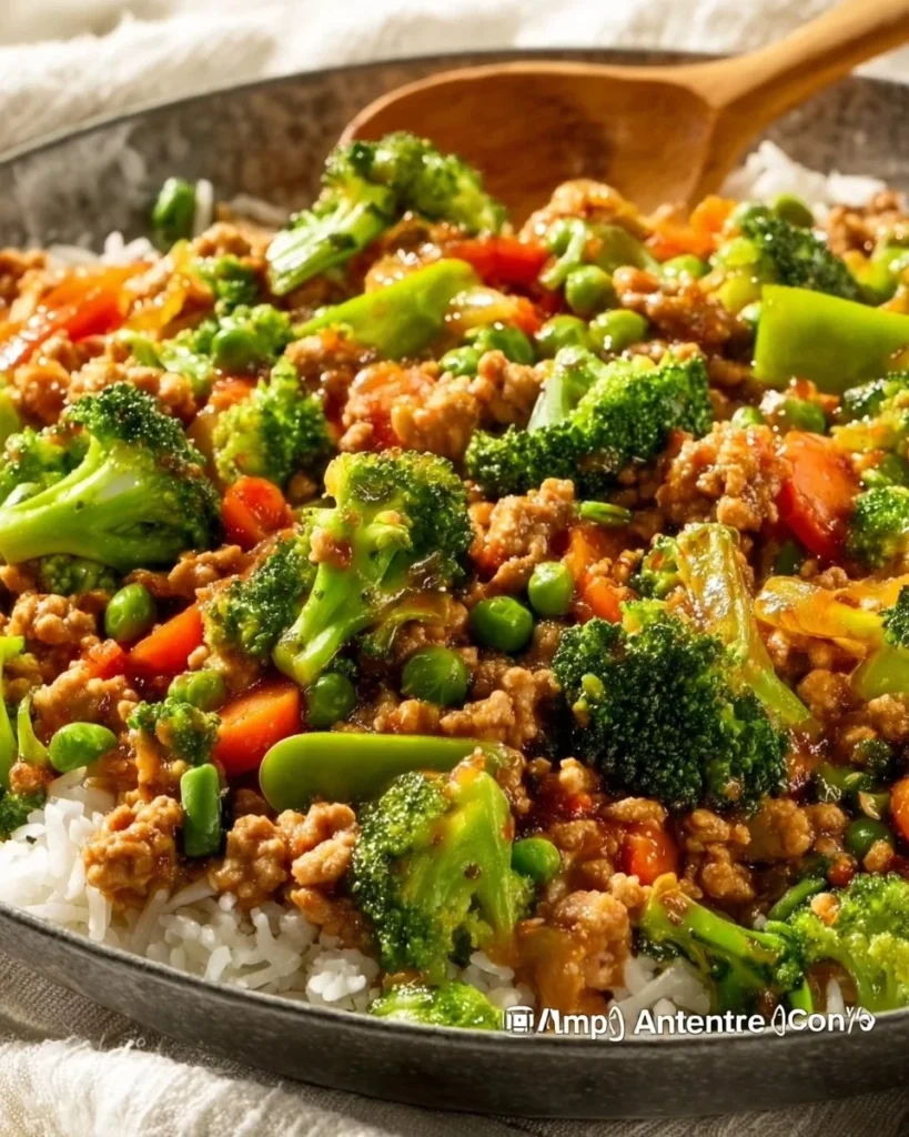 Delicious teriyaki ground turkey bowl with vegetables and rice