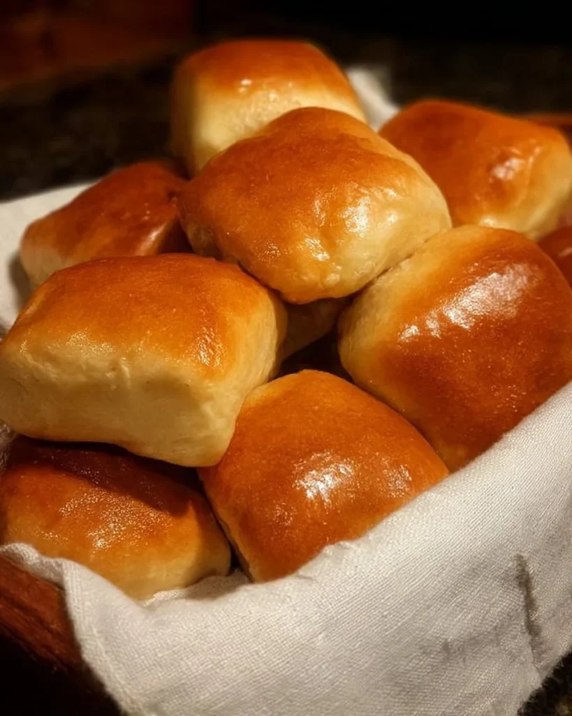 Freshly baked Texas Roadhouse Rolls with butter on a wooden table