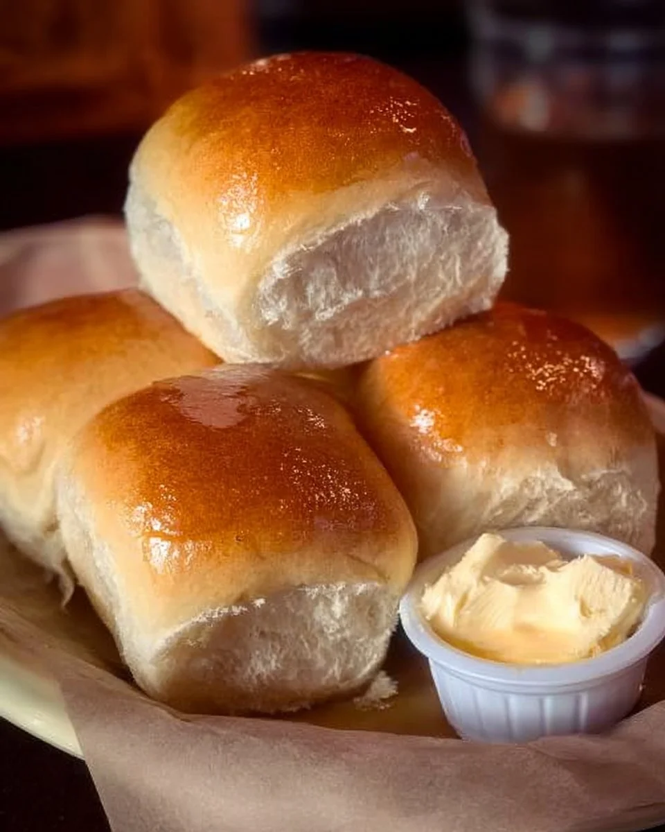 Freshly baked Texas Roadhouse Rolls served with honey cinnamon butter.