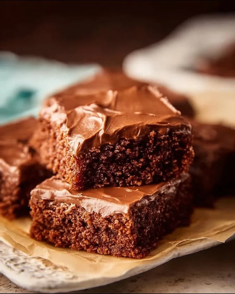 Delicious Texas Sheet Cake topped with chocolate icing and pecans.