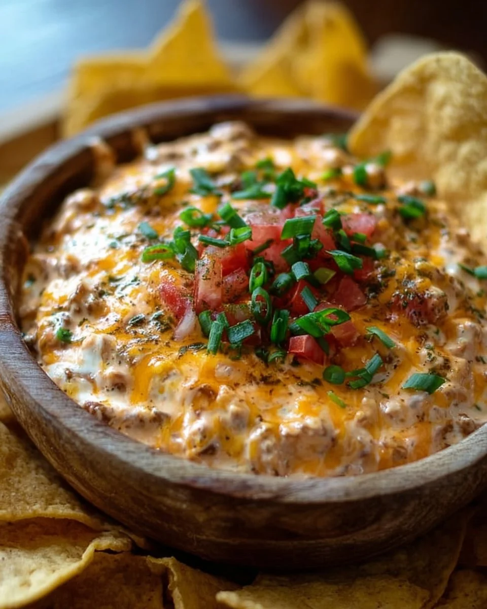 Delicious Texas Trash Dip served in a bowl with tortilla chips.