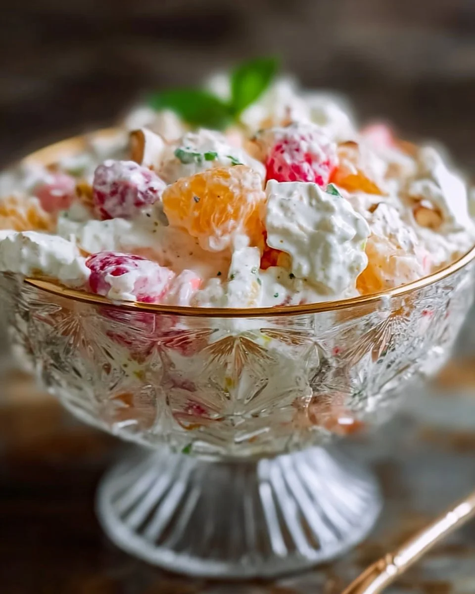 Delicious Ambrosia Salad with fruit and marshmallows in a serving bowl